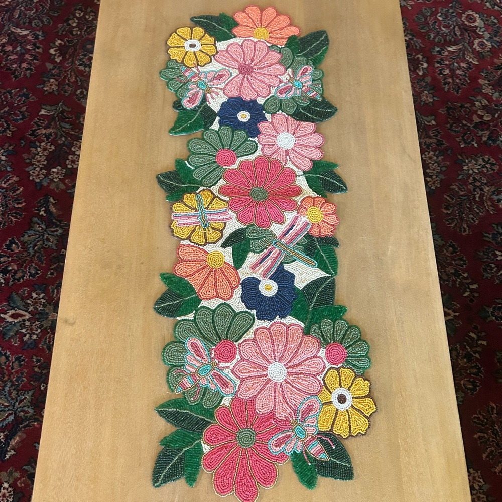 World Market Multicolor Floral and Bug Beaded Table Runner